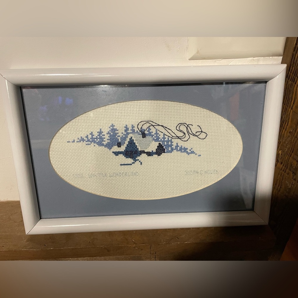 Vintage Handmade Christmas Winter Wonderland Cross Stitch Framed Art Work Rare